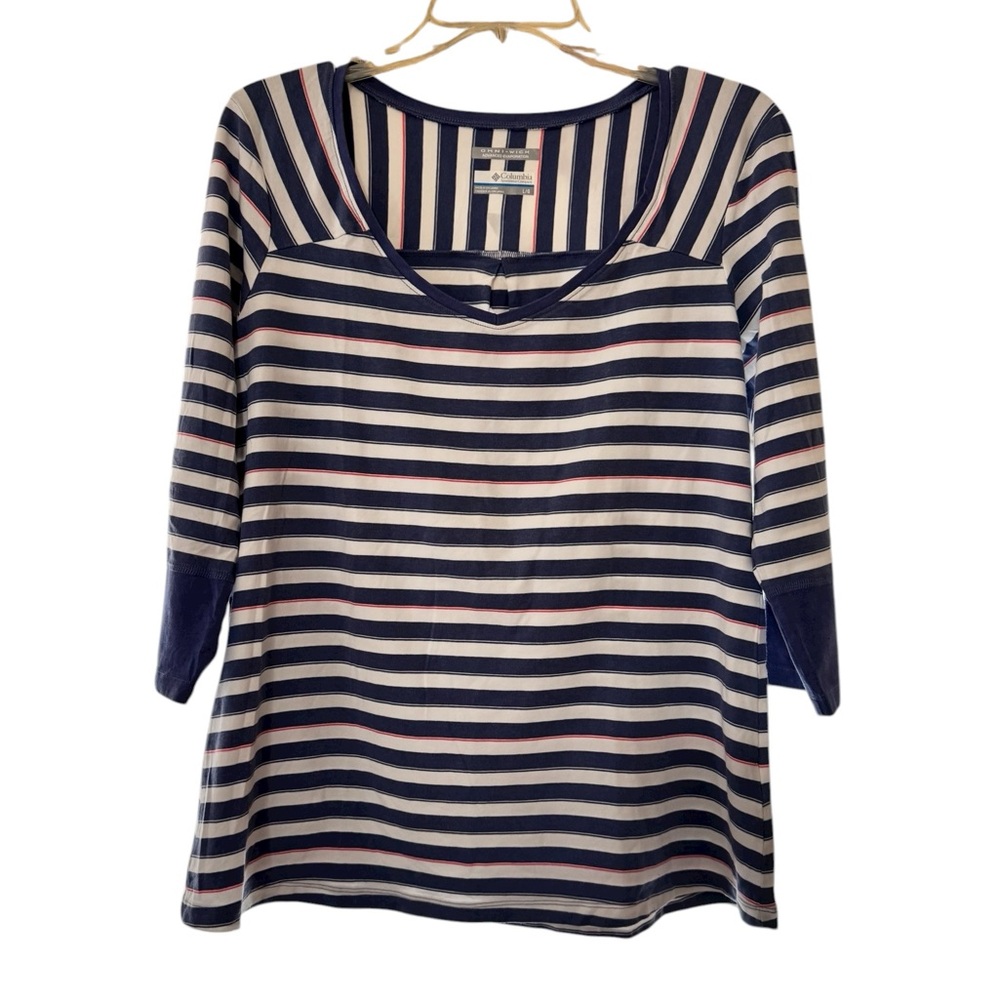 Columbia PFG Omni Wick Navy/White Striped Shirt Sz L EUC